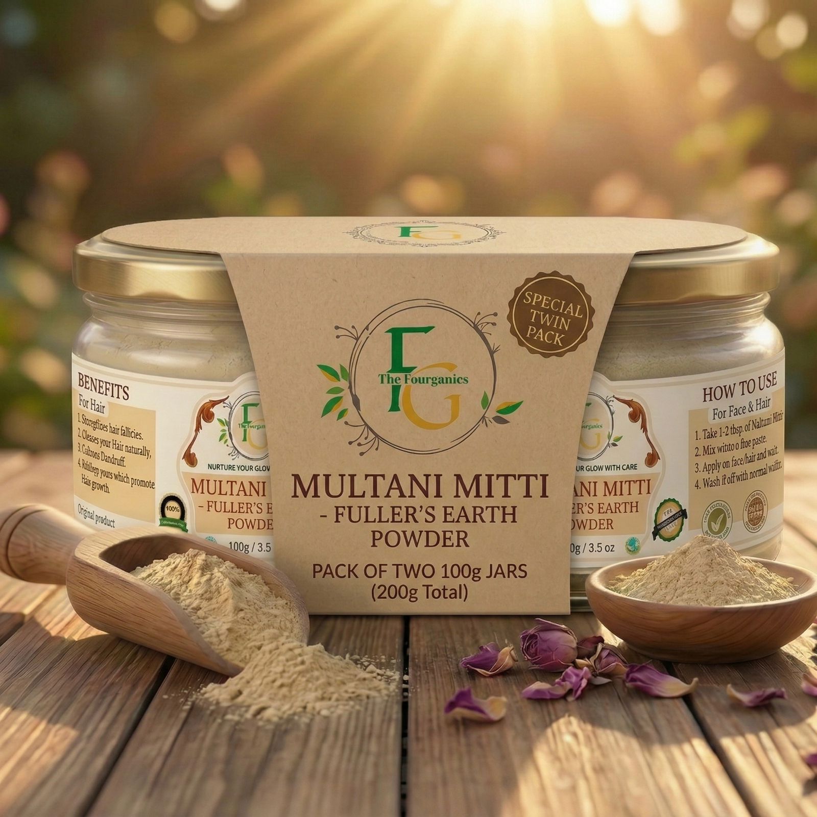 Thefourganics Pure Multani Mitti Powder (Glass Jars) - Twin Pack (100g x 2)